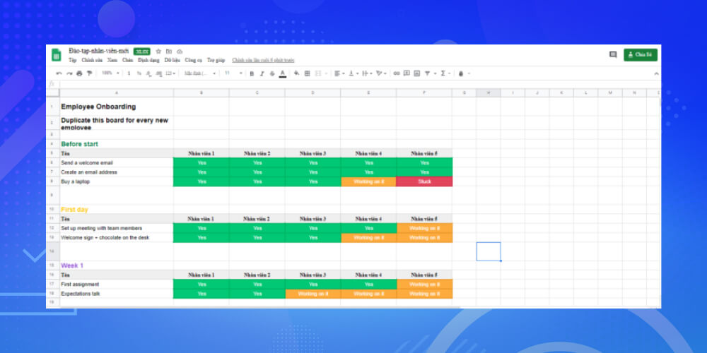 Biểu mẫu số 1 về đào tạo nhân viên mới trên excel