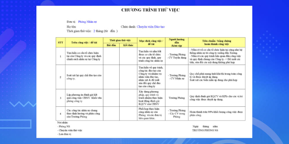 Biểu mẫu số 2 về đào tạo nhân viên mới trên word